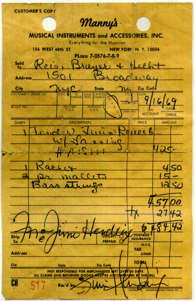 JIMI HENDRIX - Rare Signed Guitar Amp Receipt 1969 - 10x6 reprint