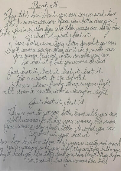 MICHAEL JACKSON Handwritten Signed Lyrics 'Beat It' 2 pages - 10"x7" reprint