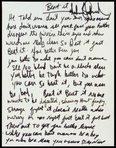 MICHAEL JACKSON Handwritten Signed Lyrics 'Beat It' 2 pages - preprint