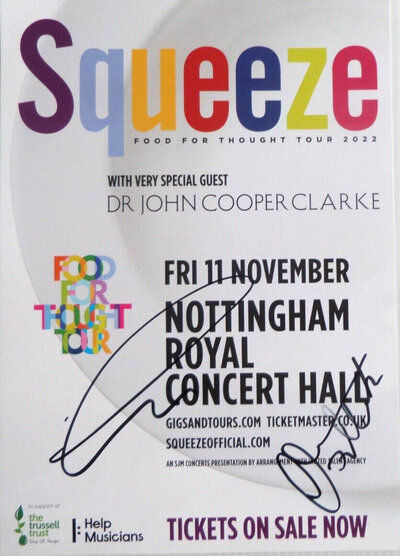 SQUEEZE AUTOGRAPHED 8 X 6 TOUR FLYER, SIGNED BY GLENN TILBROOK AND CHRIS DIFFORD