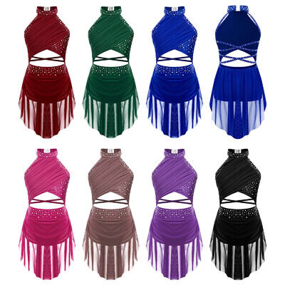 Girls Rhinestones Backless Ballet Leotard Dress Lyrical Jazz Latin Dance Costume