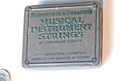 RARE ANTIQUE RUSHWORTH & DREAPERS MUSICAL INSTRUMENT STRINGS TIN ARTS & CRAFTS