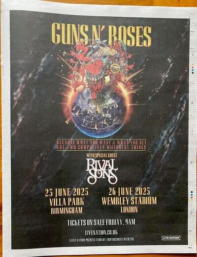 Guns N Roses Tour Dates Advert 2025 Rival Sons Newspaper Ad Poster Full 14x11”