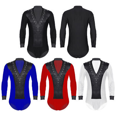 Mens Bodysuit Satin Patchwork Leotard Salsa Dancewear Long Sleeve Jumpsuit