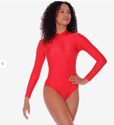 Red lycra turtle neck keyhole back long sleeve dance leotard - all sizes