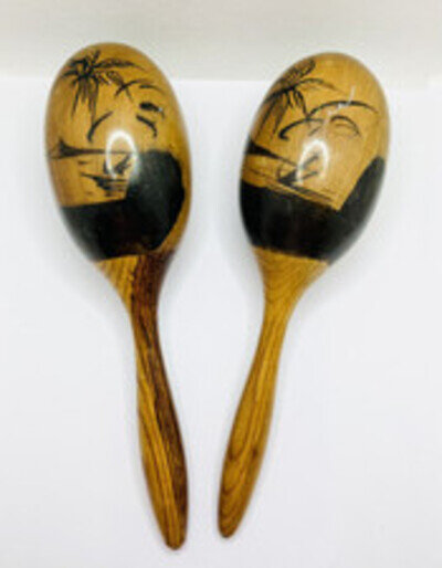 Vintage Maracas x 2 Shaker Handmade Hand Painted Made in Mexico Percussion