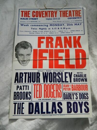 Vintage Original Coventry Theatre Poster-Features Frank Ifield & Ted Rogers.