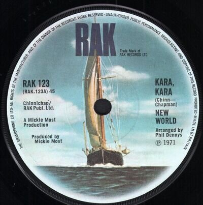 New World Kara Kara 7" vinyl UK Rak 1971 solid centre label design RAK123