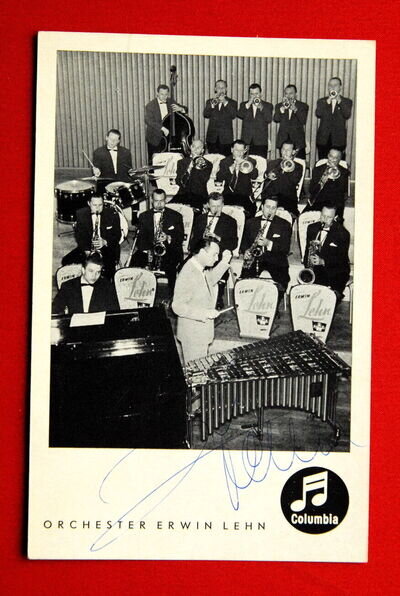 ERWIN LEHN ORCHESTER GERMAN JAZZ AUTOGRAPHED COLUMBIA POSTCARD ULTRA RARE 1950S