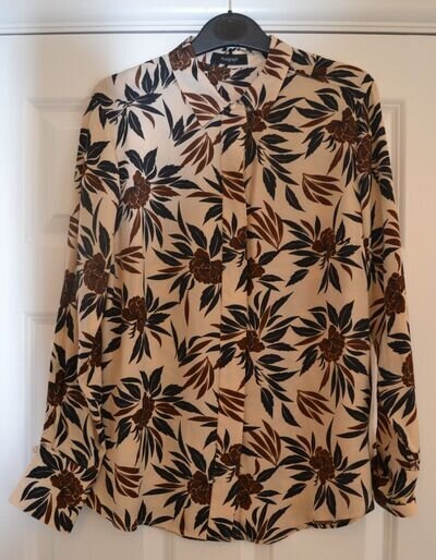 AUTOGRAPH Long Sleeved BLOUSE Floral & Leaf Design BROWN/BLACK/CREAM Size 14 VGC