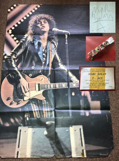 MARC BOLAN T.REX AUTOGRAPHED POSTER + GUITAR STRAP PIECE + CONCERT TICKET 1976