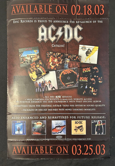 02 18 03 AC/DC Rare 2003 PROMO WINDOW CLING POSTER for Reissue CD 11x17" USA