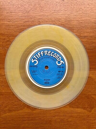 Devo Be Stiff /Social Fools YELLOW Transparent Vinyl 7" (Stiff Records) VG+