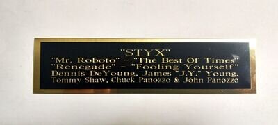 Styx Engraved Nameplate For Framed Autographed Concert Tickets 1.5" X 8"