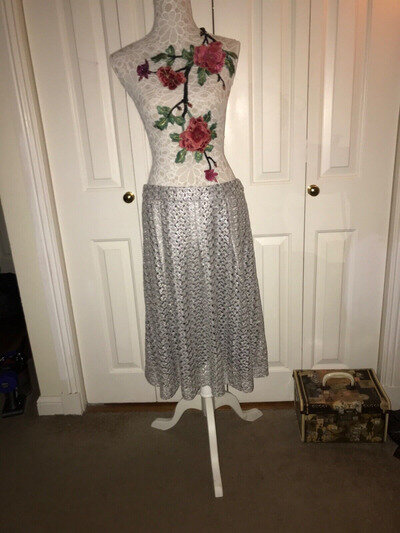 Autograph / M&S Silver Metallic Cutwork Midi skirt, UK 12