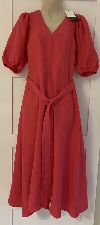 M&S AUTOGRAPH Pure Irish Linen V-Neck Midaxi Waisted Dress Size 10 Pink belted