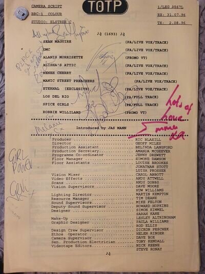 Spice Girls Top Of The Pops Autographed Script