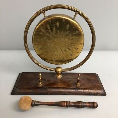 Brass Gong On Wooden Stand Hammer Stick Vintage Instrument Decorative -CP