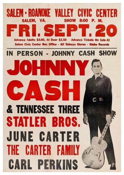 Reproduction Vintage Johnny Cash "Salem Civic Centre" Poster, Wall Art, Size A2