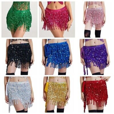 Belly Dance Dancer Costume Sequins Tassel Fringe Hip Scarf Belt Waist Wrap Skirt