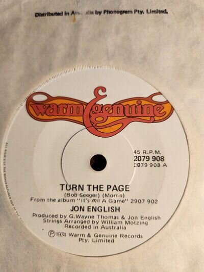 Jon English "Turn The Page" 1974 WARM & GENUINE 7" Oz 45rpm