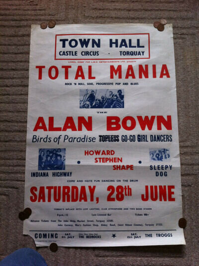 THE ALAN BOWN Torquay Town Hall poster 1969 mod psych