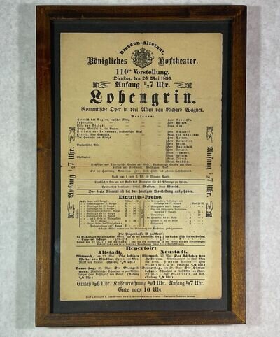 Original 1896 Framed Dresden Poster Handbill of Lohengrin - Richard Wagner Opera