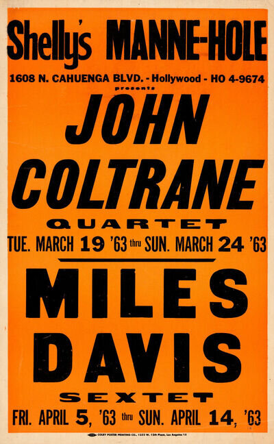 JAZZ Concert Window Poster MILES DAVIS / JOHN COLTRANE Hollywood 1963 - reprint