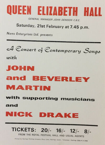 NICK DRAKE / JOHN MARTYN Concert Window Poster Queen Elizabeth Hall 1970 reprint