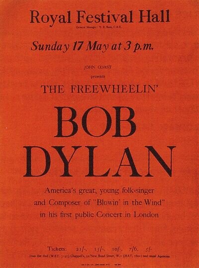 BOB DYLAN Concert Window Poster - Royal Festival Hall 1964 LONDON - preprint