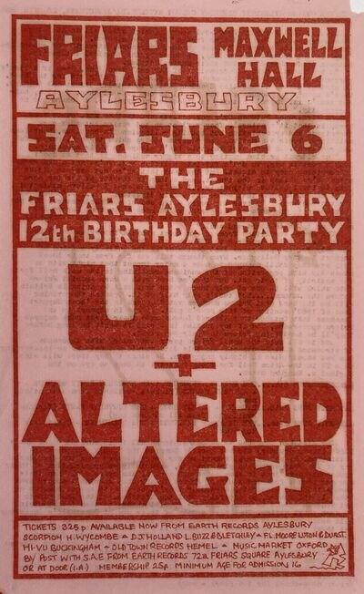 U2 Concert Window Poster - Friars, Aylesbury 1981 ALTERED IMAGES - reprint