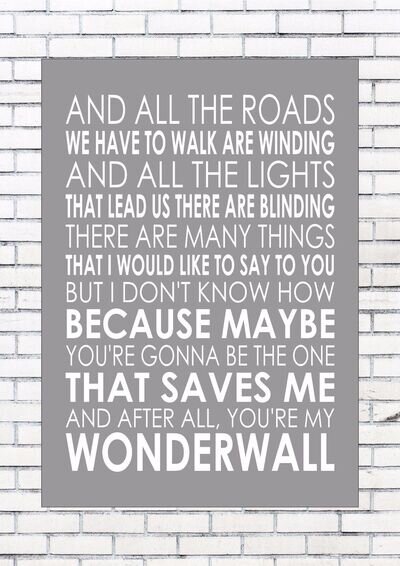 WONDERWALL – OASIS Typography Lyrics Wall Art Print Poster A4