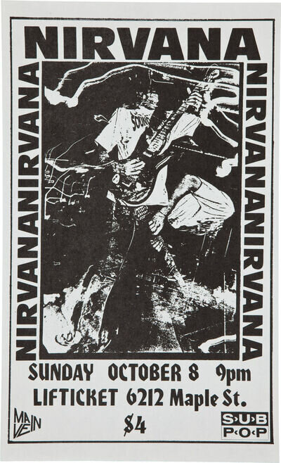 NIRVANA Concert Poster - Rock Band - Lifticket Omaha 1989 18"x12" - reprint