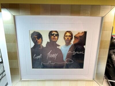 OASIS Original HandSigned x4 Photograph - Rock Band Group Britpop with Radio COA