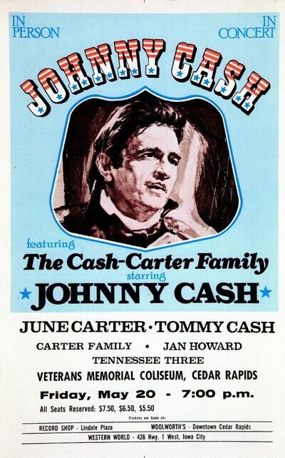 JOHNNY CASH Rare Concert Window Poster / Handbill Cedar Rapids 1977 - reprint