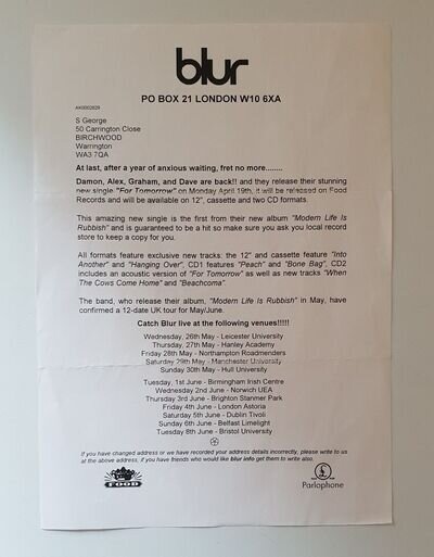 Blur Original Press Release For Tomorrow