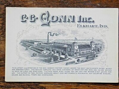 Antique Trade Card CG Conn Brass Trombone Trumpet Cornet Horn Elkhart USA Map