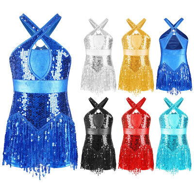 Kids Girls Sequined Tassel Tango Latin Dance Dress Ballroom Samba Rumba Costume