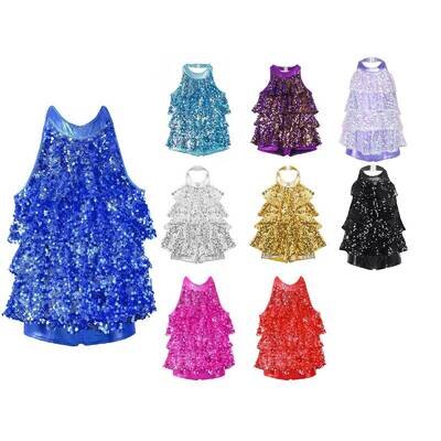 Girls Sequins Halter Backless Jazz Latin Dance Tassel Dress Performance Costume