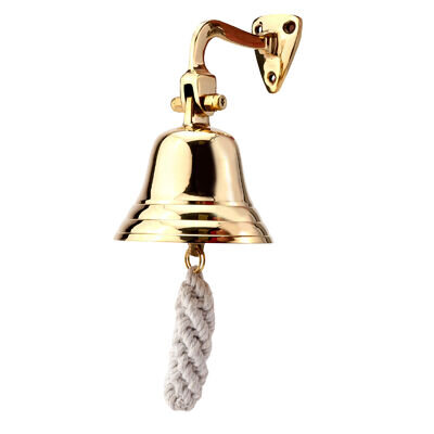 Ship bell brass gold with wall holder & ribbon Ø: 7.5 cm lightweight design