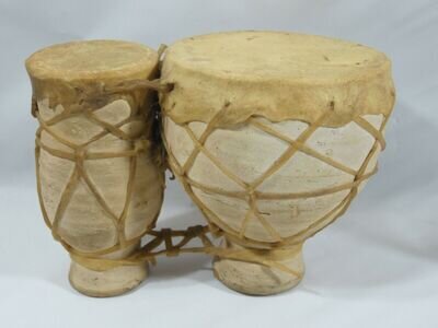 VINTAGE MID CENTURY CLAY DRUM SET W/RAWHIDE WEBBING & SKINS WILL NEED TUNING