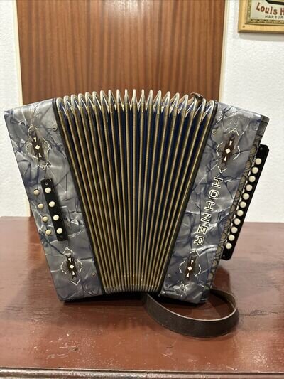 Small Vintage Hohner, Button, Accordion In Pearl Blue