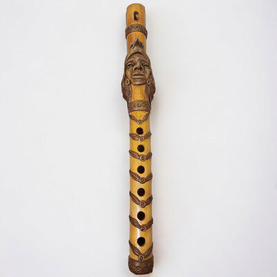 Vintage Hand Carved Wooden Flute with Human and Bird Carving Eyes Rare Art Work