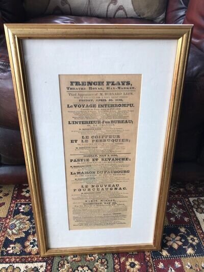 1830 french play bill " mr bernard leon in le voyage interrompu " framed