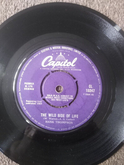 HANK THOMPSON RARE 7" THE WILD SIDE OF LIFE CAPITOL CL15247 1959 COUNTRY