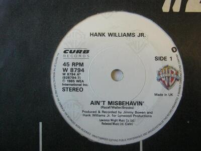 Hank Williams Jr Ain't Misbehavin' 7" Warner Bros W8794 EX 1985 Ain't Misbehavin