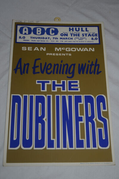 An Evening With THE DUBLINERS, 1968 HULL ABC Window Card, Poster