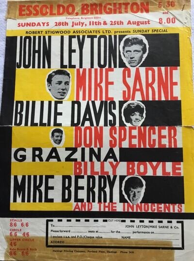 JOHN LEYTON MIKE BERRY, BILLIE DAVIS, GRAZINA, DON SPENCER AUTOGRAPH FLYER 1963