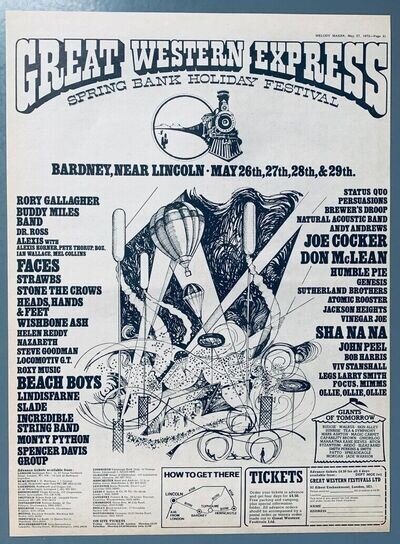 GREAT WESTERN FESTIVAL 1972 POSTER ADVERT BEACH BOYS GENESIS FACES SLADE RORY