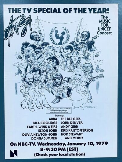 MUSIC FOR UNICEF CONCERT TV SPECIAL 1979 POSTER ADVERT BEE GEES ABBA ELTON DONNA